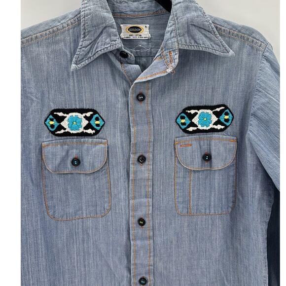 Vintage Saddlehorn denim like cotton embroidered southwestern button up size M - Picture 4 of 11